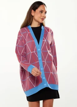 Women's Cardigan in Mulberry & Blue with Oversized Geometric Pattern and Contrasting Details by Liquorish