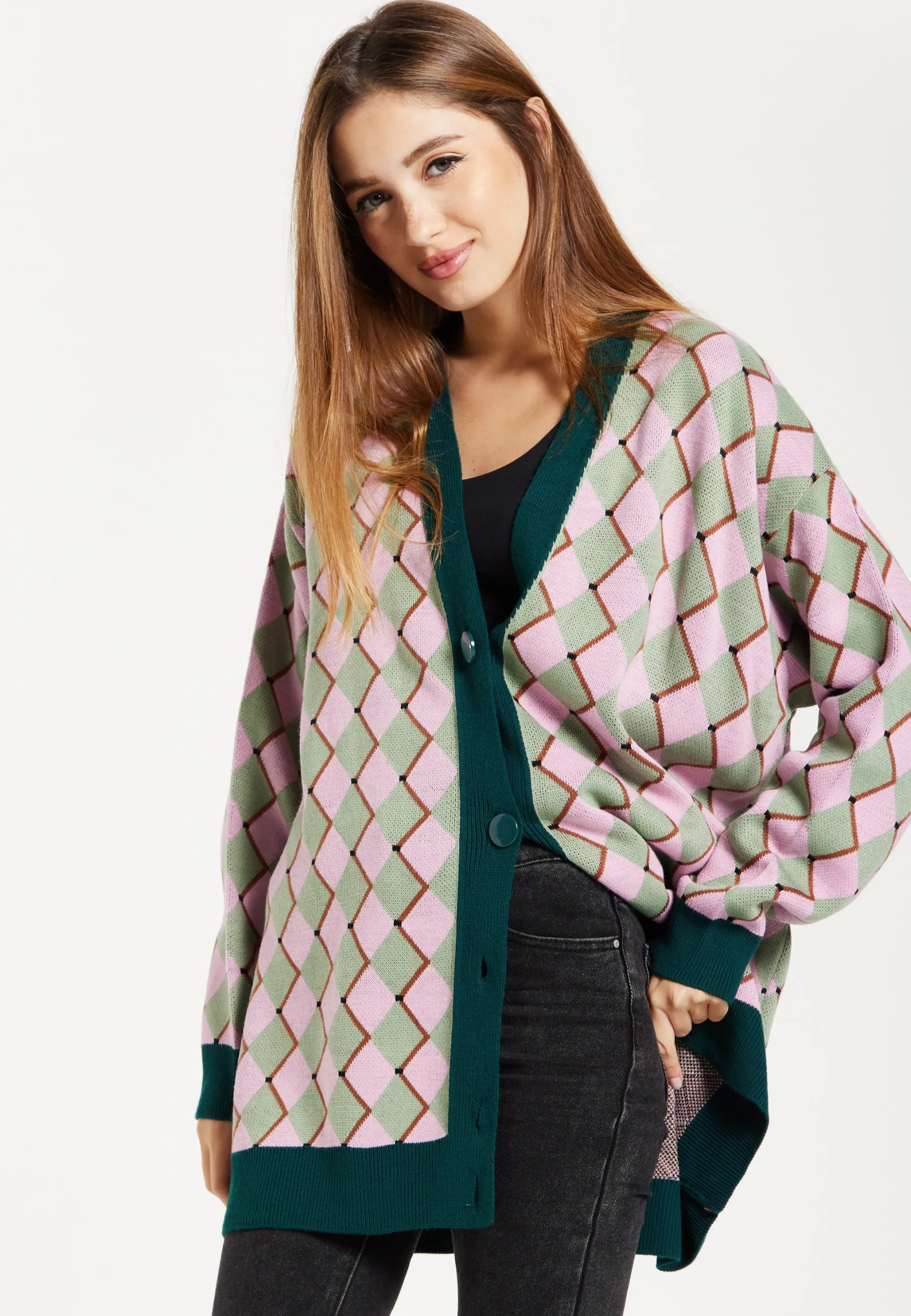 Women's Cardigan in Pink & Green with Long Sleeves, Diamond Pattern, Open Front Design - Liquorish