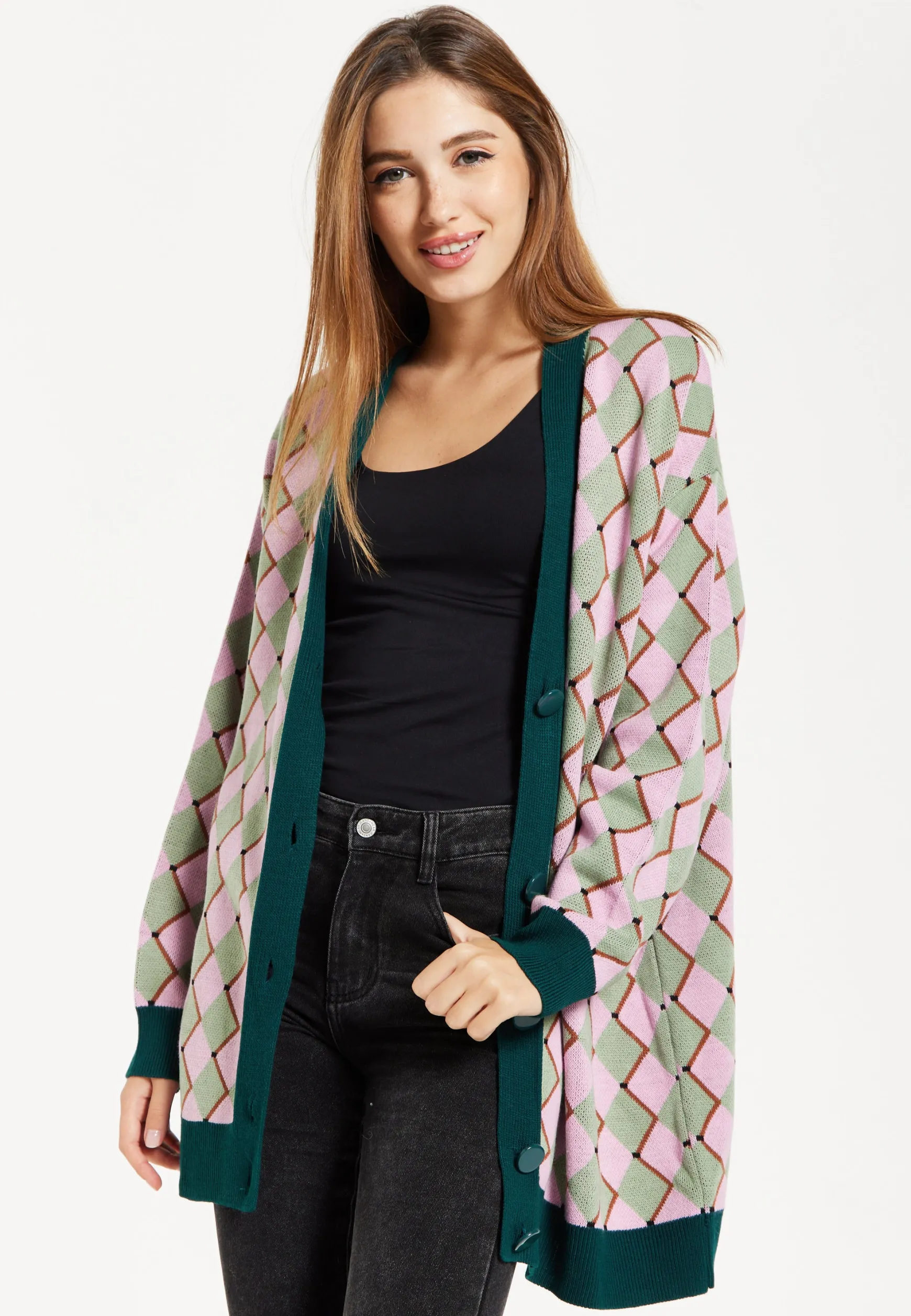 Women's Cardigan in Pink & Green with Long Sleeves, Diamond Pattern, Open Front Design - Liquorish