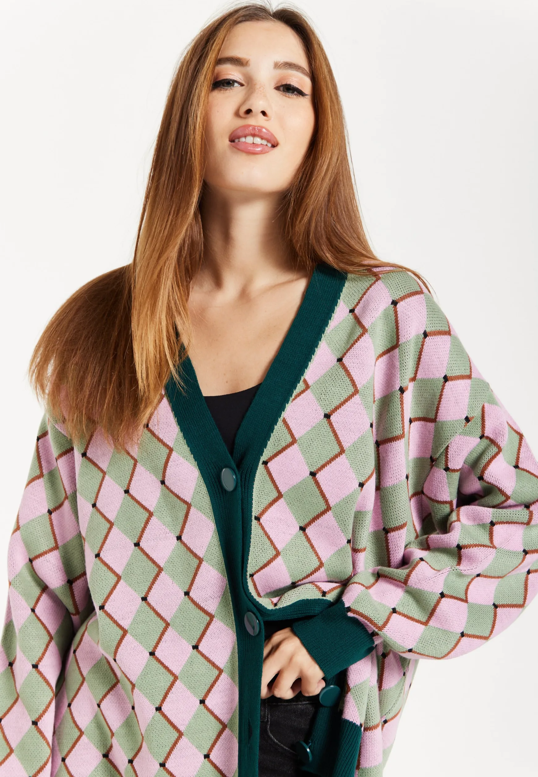 Women's Cardigan in Pink & Green with Long Sleeves, Diamond Pattern, Open Front Design - Liquorish