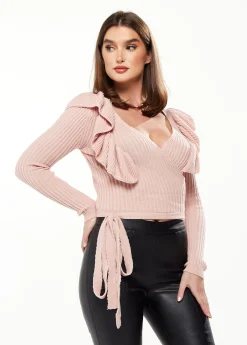Women's Cardigan in Pink with Frill Sleeves, Wrap Design, Cozy Long Sleeves - Liquorish