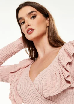 Women's Cardigan in Pink with Frill Sleeves, Wrap Design, Cozy Long Sleeves - Liquorish