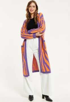 Women's Cardigan in Purple & Orange Zebra Stripes, Longline with Pockets - Liquorish