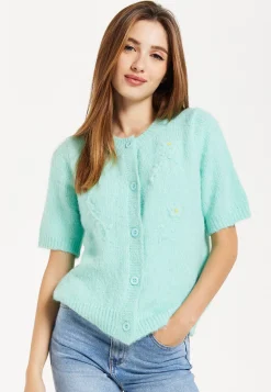 Women's Cardigan in Turquoise, Floral Pattern, Short Sleeves, Button Down Style - Liquorish