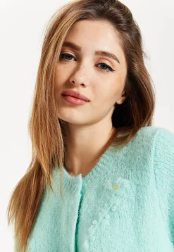 Women's Cardigan in Turquoise, Floral Pattern, Short Sleeves, Button Down Style - Liquorish