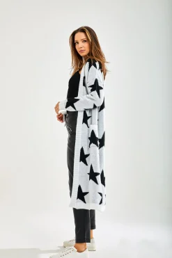 Women's Cardigan in White with Long Sleeves, Whimsical Star Pattern, Comfortable Fit, Liquorish