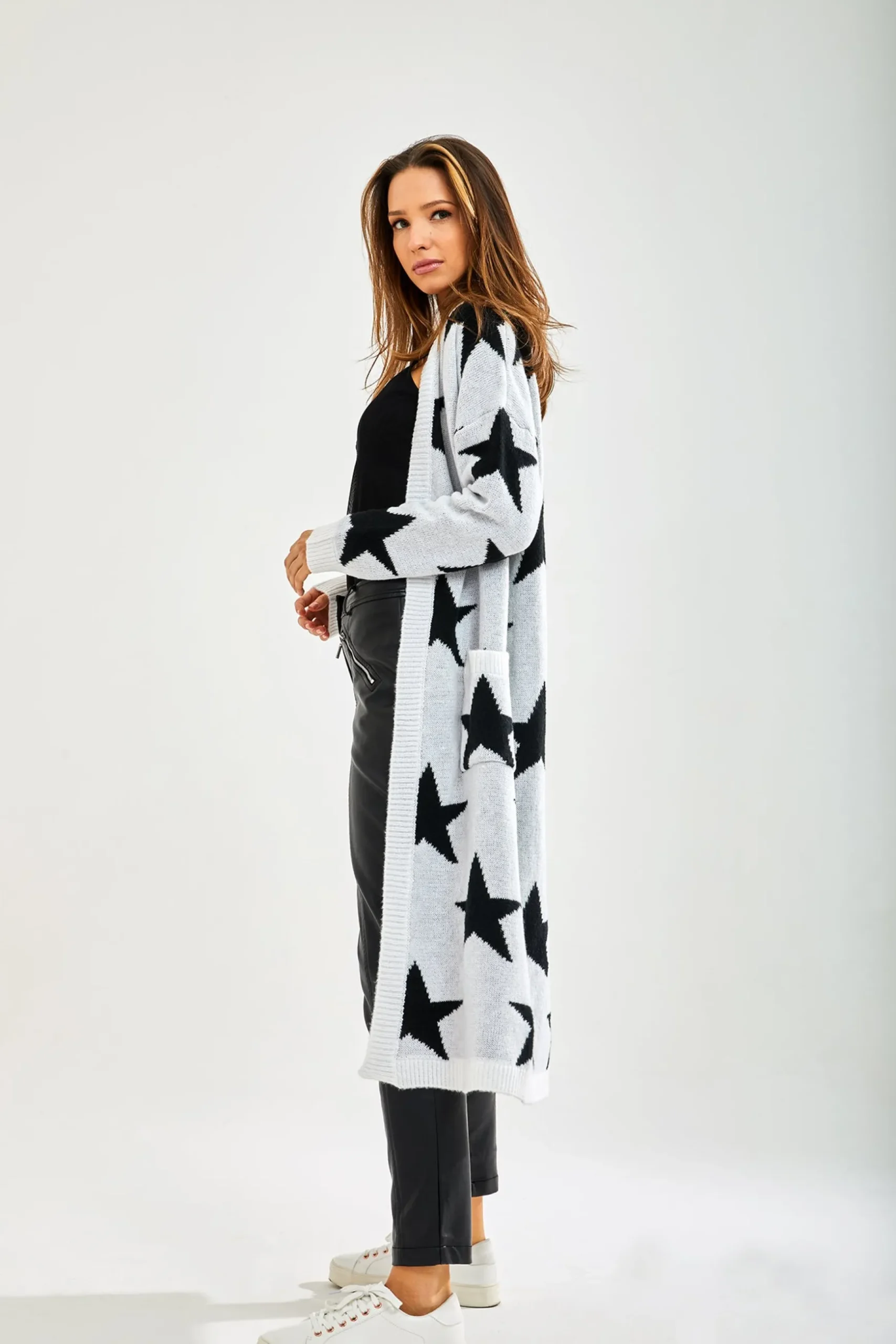 Women's Cardigan in White with Long Sleeves, Whimsical Star Pattern, Comfortable Fit, Liquorish