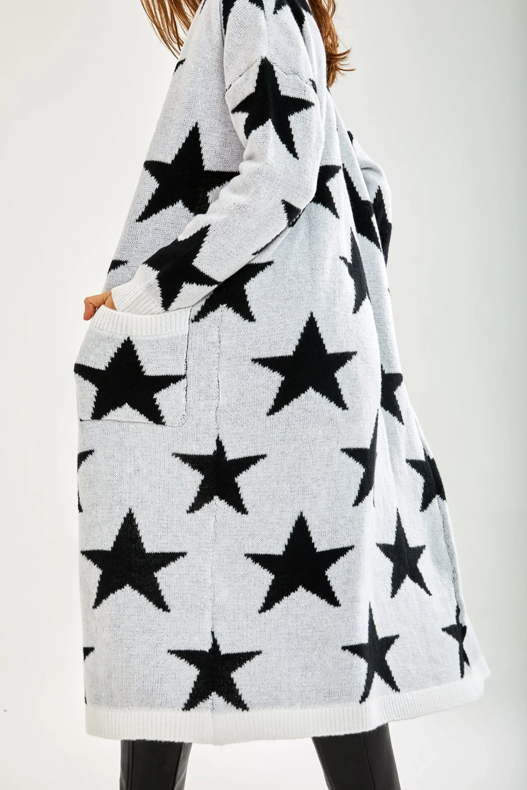 Women's Cardigan in White with Long Sleeves, Whimsical Star Pattern, Comfortable Fit, Liquorish
