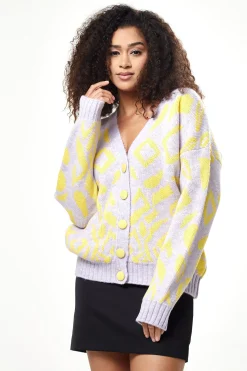 Women's Cardigan in Yellow and Lilac Geometric Pattern with Long Sleeves - Stylish Button-Up by Liquorish