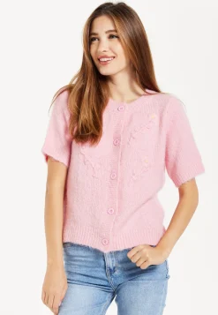 Women's Cardigan Pink Floral Short Sleeve Knitted with Button-Down Front, Chic Comfort by Liquorish