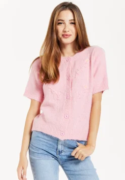 Women's Cardigan Pink Floral Short Sleeve Knitted with Button-Down Front, Chic Comfort by Liquorish