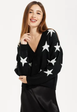 Women's Cardigan with Long Sleeves, Star Pattern, Front Buttons in Black - Liquorish