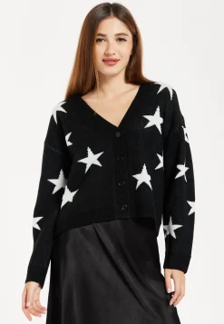 Women's Cardigan with Long Sleeves, Star Pattern, Front Buttons in Black - Liquorish