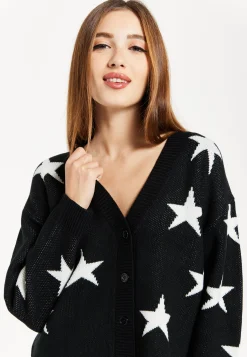 Women's Cardigan with Long Sleeves, Star Pattern, Front Buttons in Black - Liquorish