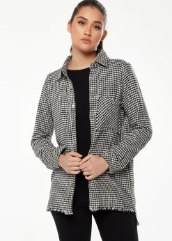 Women's Checked Shirt in Black & White - Long Sleeve, Classic Collar, Chest Pocket, Regular Fit, Raw Hem