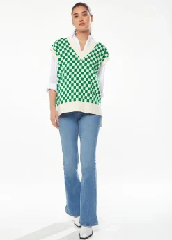 Women's Chequered Knitted Vest in Green and Cream - V-Neck, Distinctive Print, Longer Back Hem, Comfortable Fit.