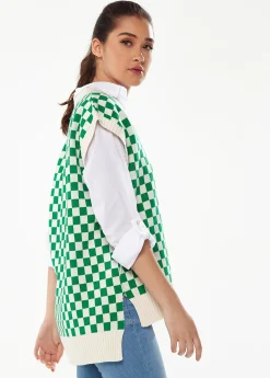 Women's Chequered Knitted Vest in Green and Cream - V-Neck, Distinctive Print, Longer Back Hem, Comfortable Fit.