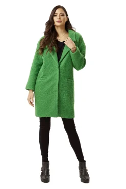 Women's Coat in Fluffy Green Bouclè - Extra Loose Fit with Notch Lapels and Side Pockets - Liquorish