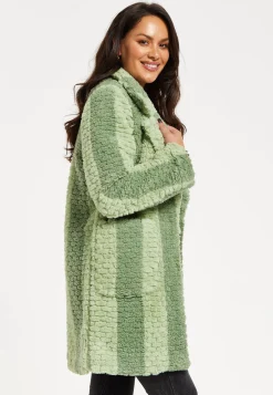 Women's Coat in Green Stripes with Drop Shoulders and Side Pockets - Flattering Fluffy Design by Liquorish