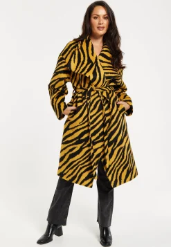 Women's Coat in Mustard and Black Zebra Print with Tie Waist and Longline Cut - Liquorish