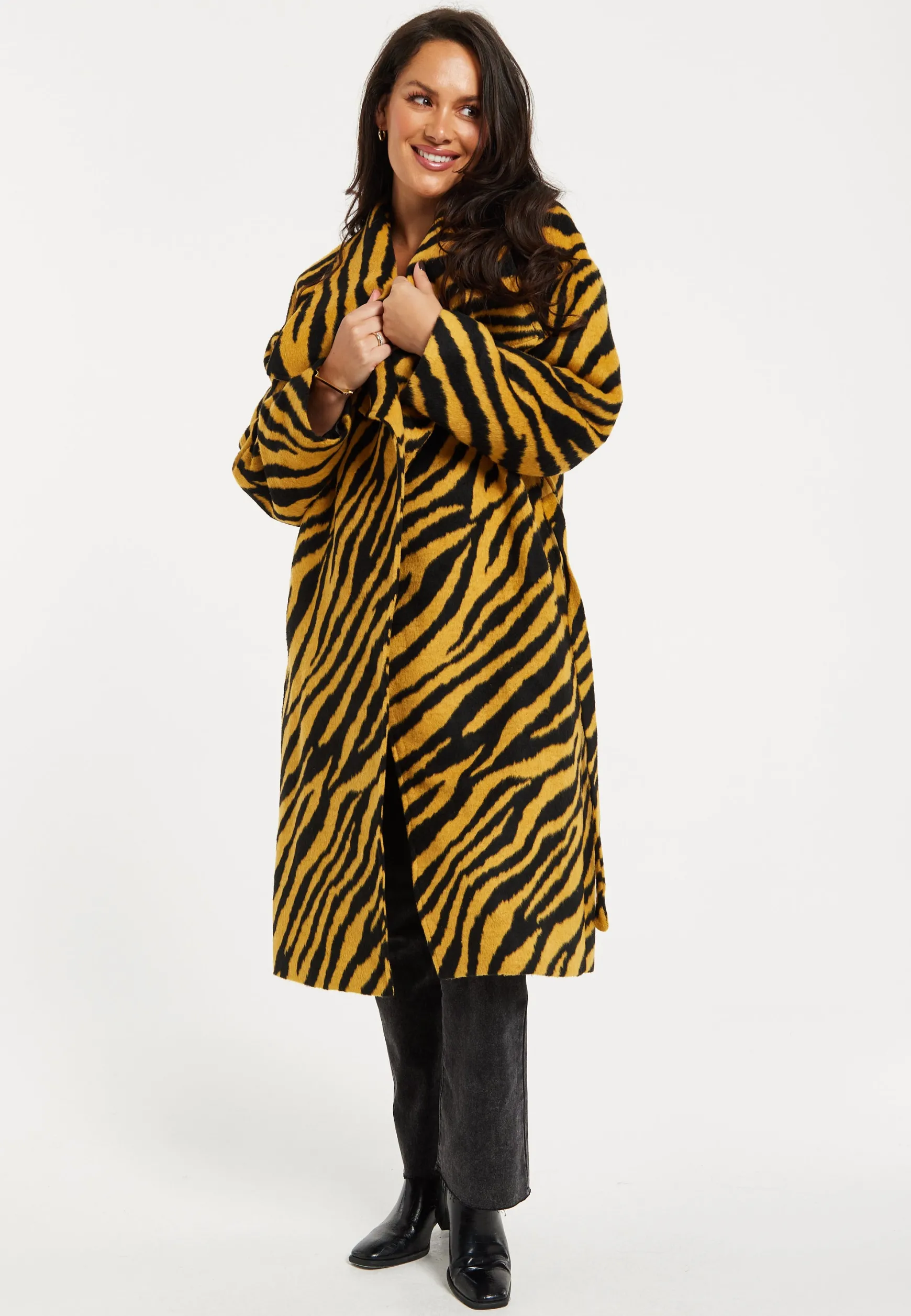 Women's Coat in Mustard and Black Zebra Print with Tie Waist and Longline Cut - Liquorish