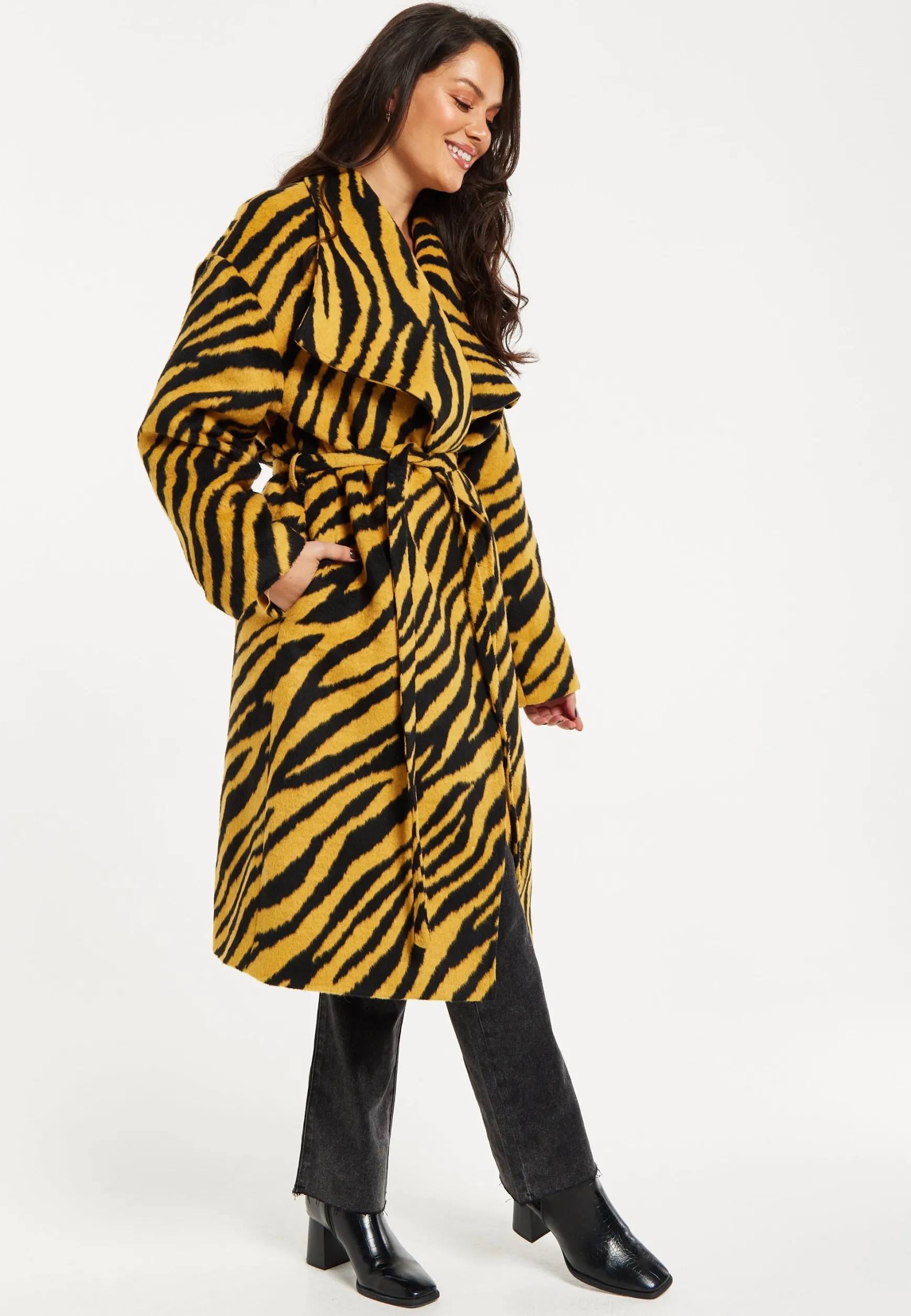 Women's Coat in Mustard and Black Zebra Print with Tie Waist and Longline Cut - Liquorish