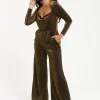 Women's Cowl Neck Full Length Lurex Jumpsuit with Wide Legs and Long Sleeves - Perfect for Parties, Liquorish