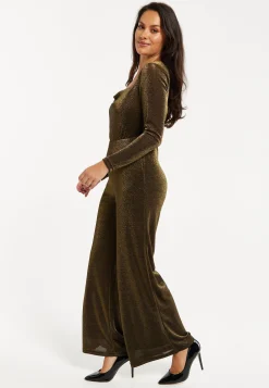 Women's Cowl Neck Full Length Lurex Jumpsuit with Wide Legs and Long Sleeves - Perfect for Parties, Liquorish