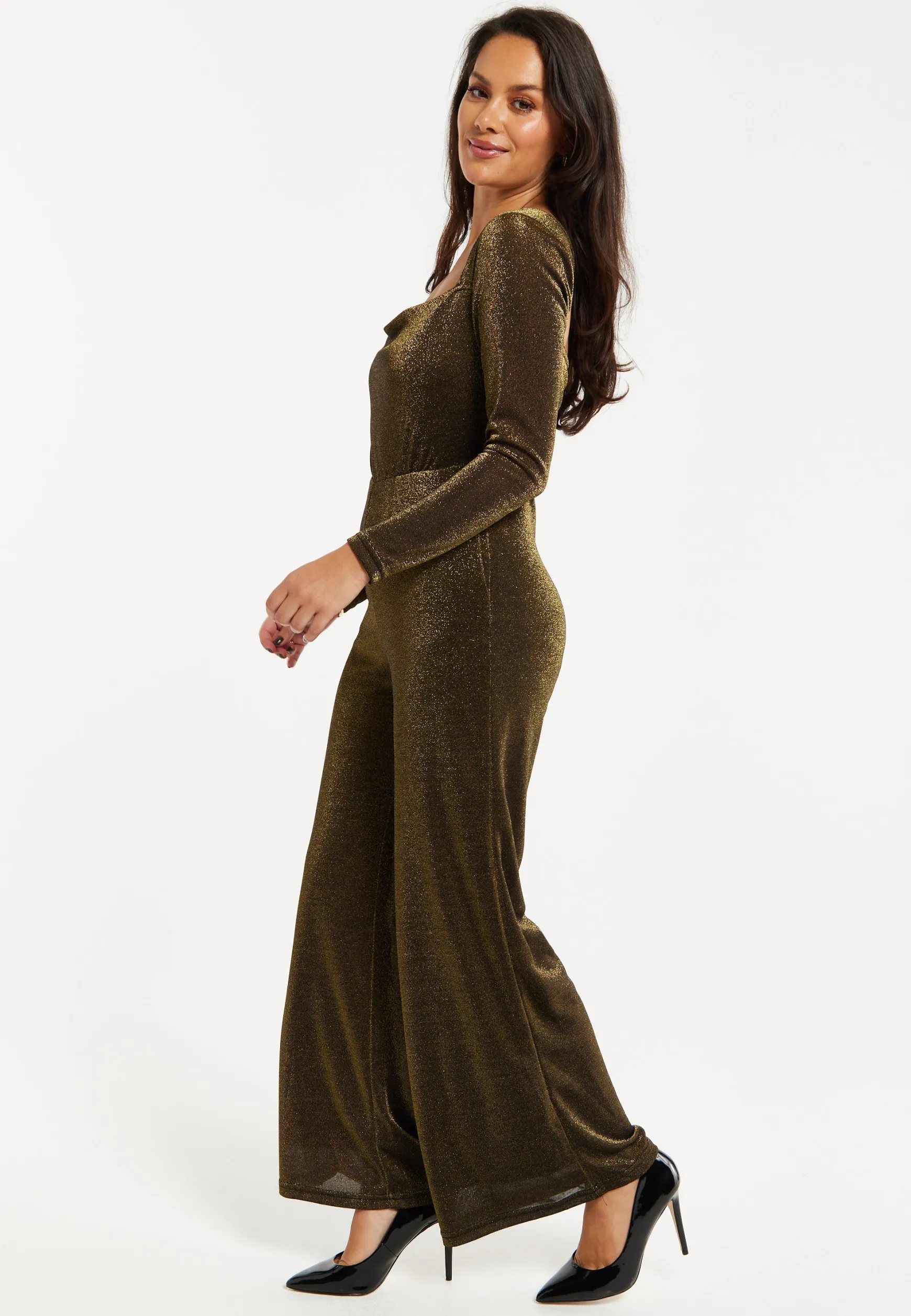 Women's Cowl Neck Full Length Lurex Jumpsuit with Wide Legs and Long Sleeves - Perfect for Parties, Liquorish