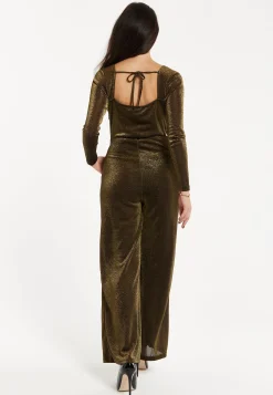 Women's Cowl Neck Full Length Lurex Jumpsuit with Wide Legs and Long Sleeves - Perfect for Parties, Liquorish