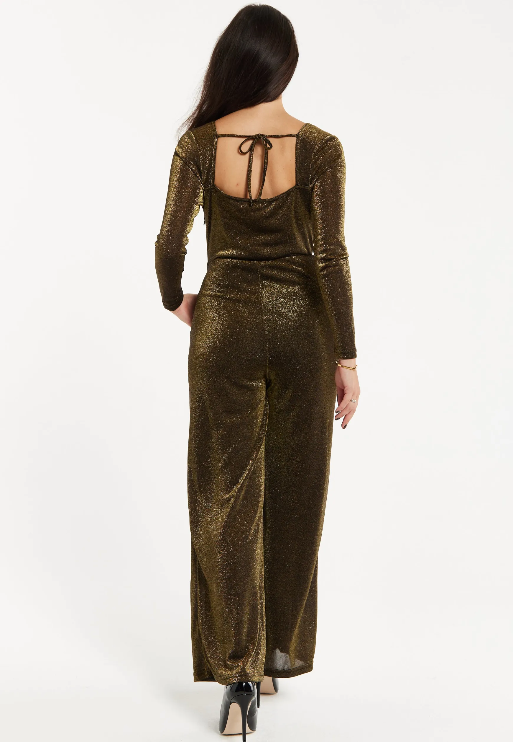 Women's Cowl Neck Full Length Lurex Jumpsuit with Wide Legs and Long Sleeves - Perfect for Parties, Liquorish
