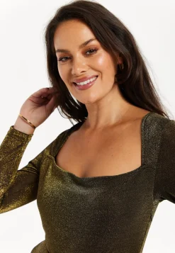 Women's Cowl Neck Full Length Lurex Jumpsuit with Wide Legs and Long Sleeves - Perfect for Parties, Liquorish