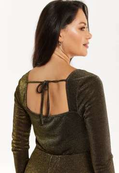 Women's Cowl Neck Full Length Lurex Jumpsuit with Wide Legs and Long Sleeves - Perfect for Parties, Liquorish
