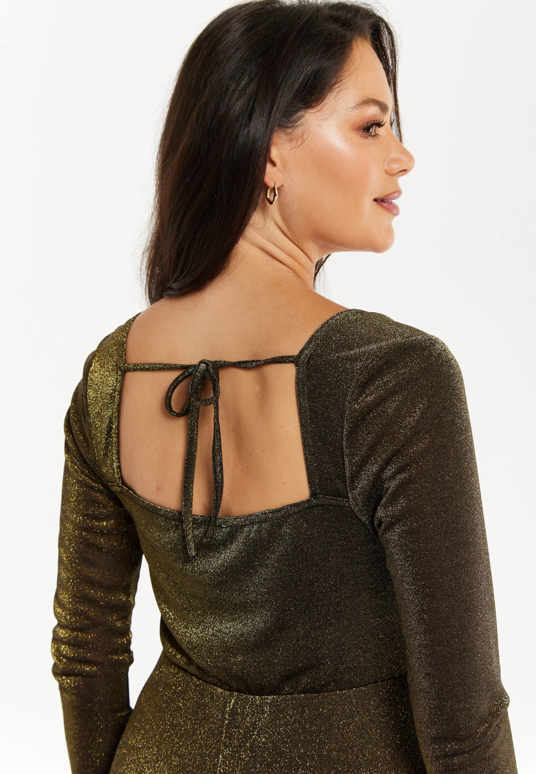 Women's Cowl Neck Full Length Lurex Jumpsuit with Wide Legs and Long Sleeves - Perfect for Parties, Liquorish