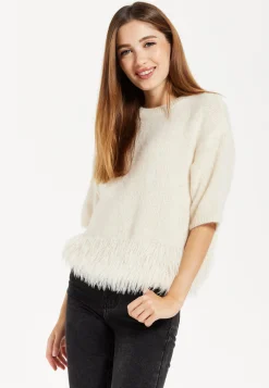 Women's Cream Short Sleeves Jumper with Chic Hem Detail and Loose Fit Design