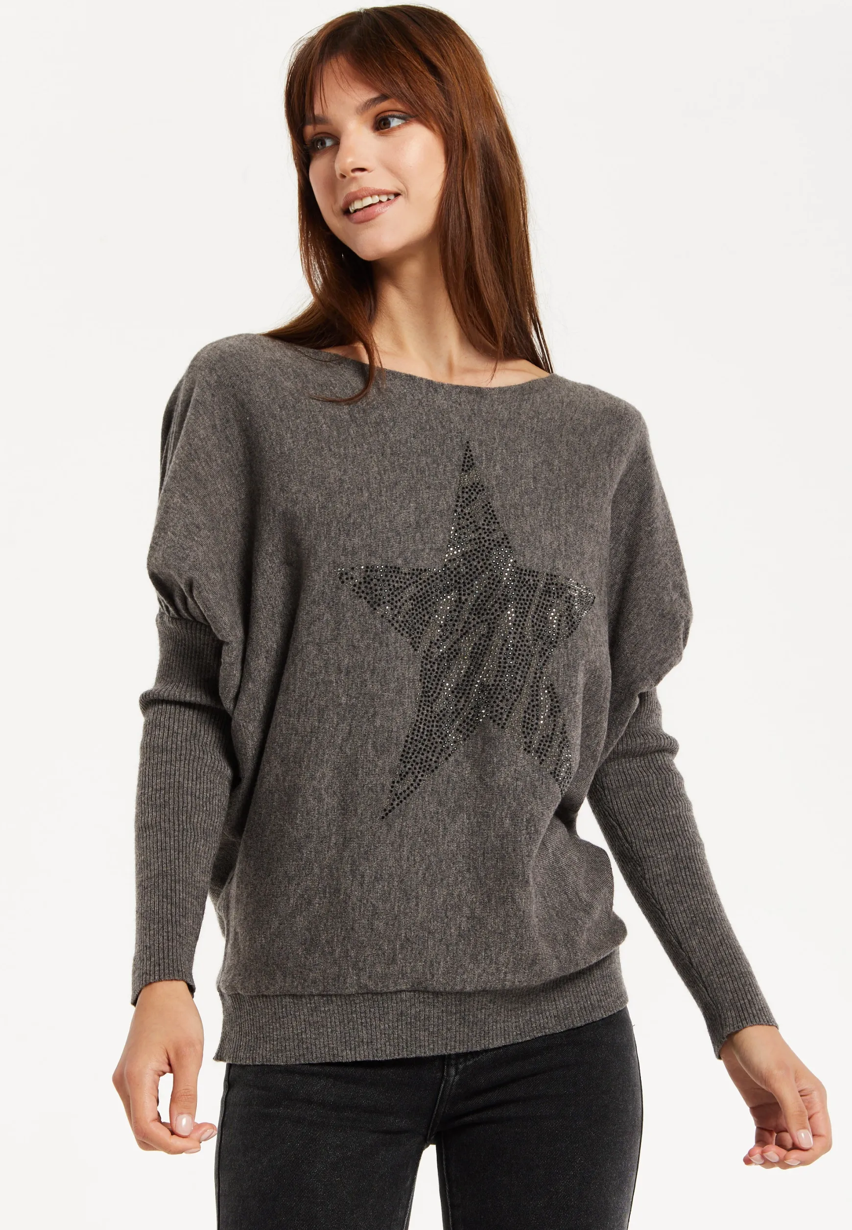 Women's Dark Grey Jumper with Fitted Long Sleeves and Sparkly Zebra Star Detail by Liquorish