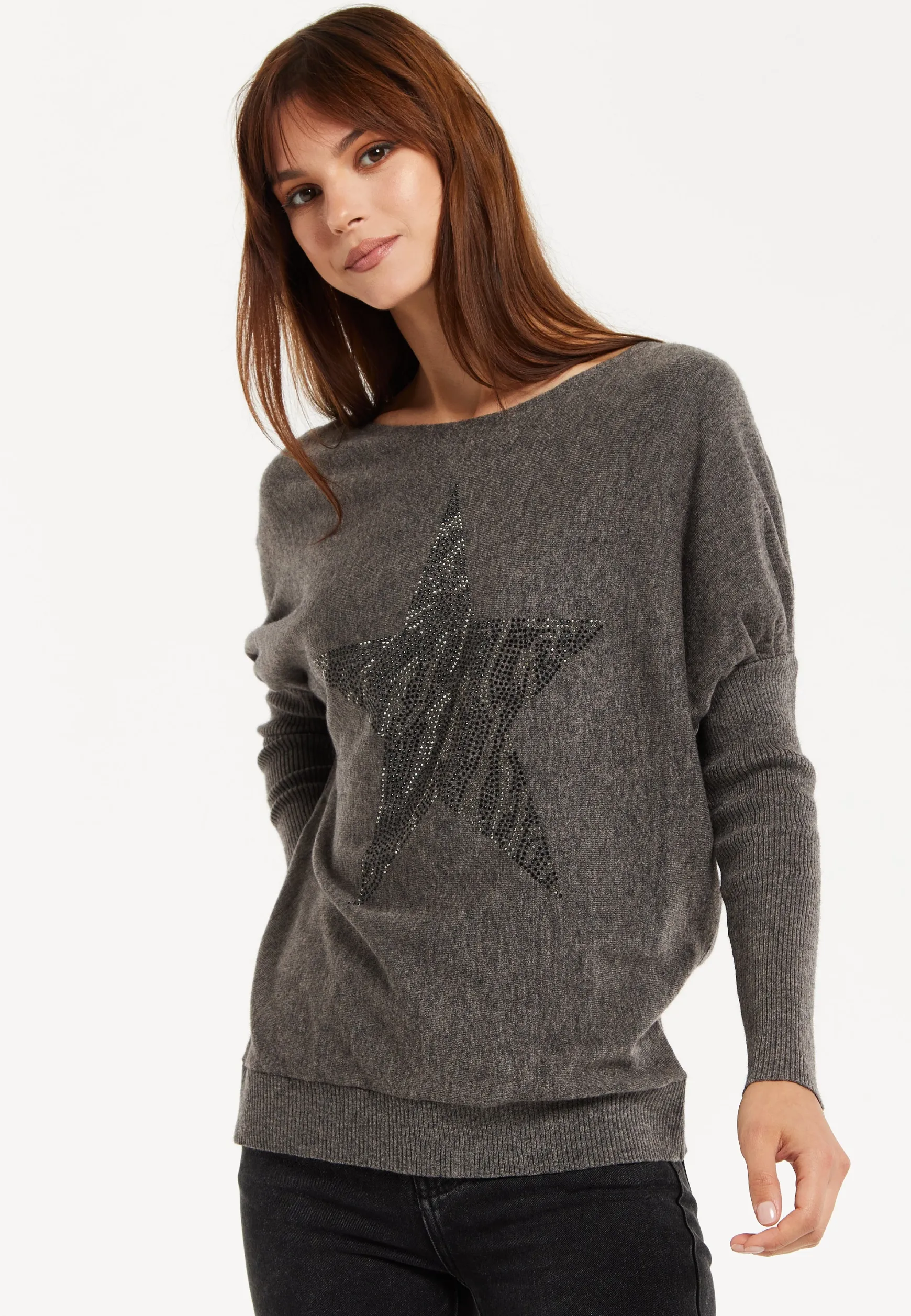 Women's Dark Grey Jumper with Fitted Long Sleeves and Sparkly Zebra Star Detail by Liquorish