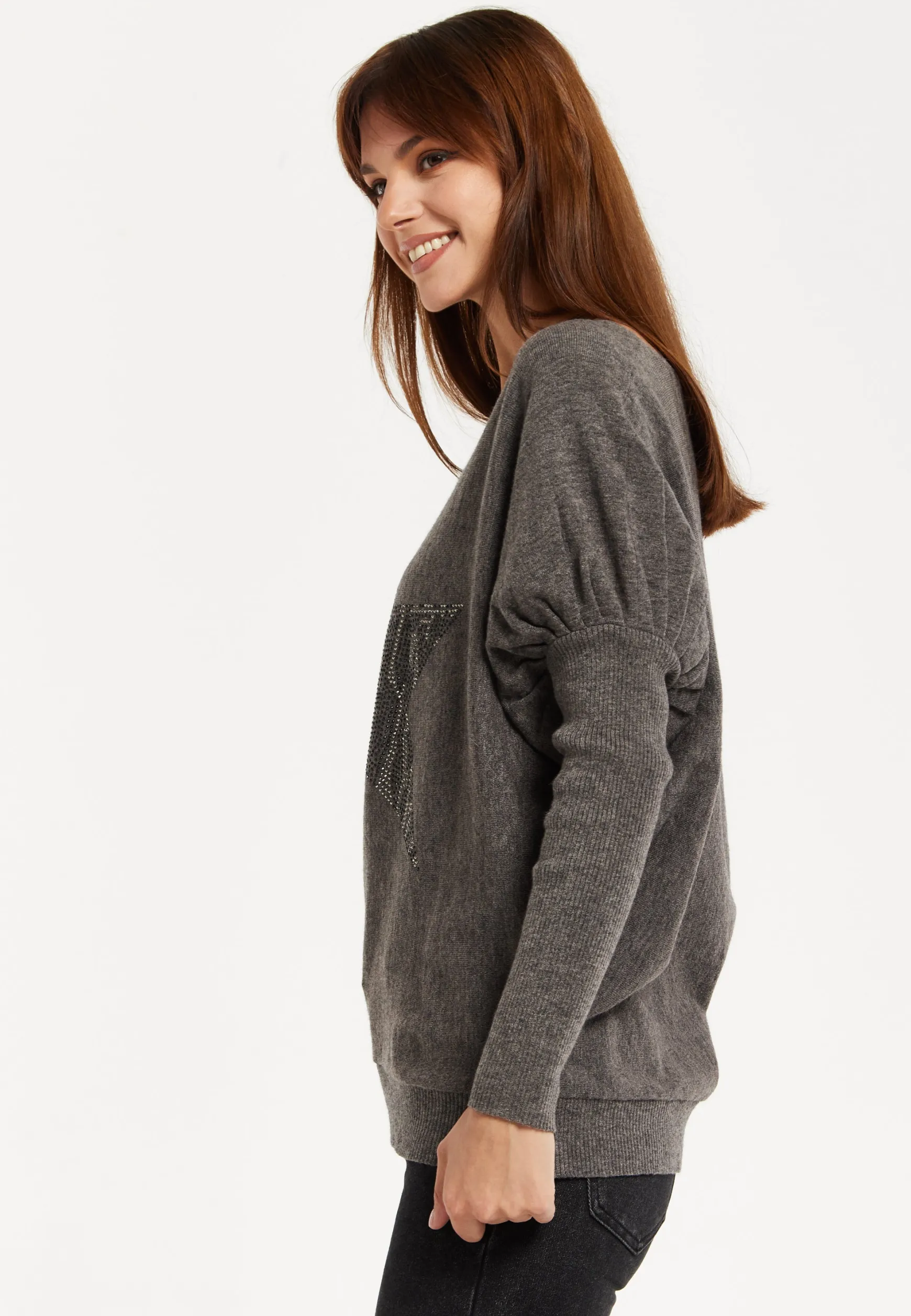 Women's Dark Grey Jumper with Fitted Long Sleeves and Sparkly Zebra Star Detail by Liquorish