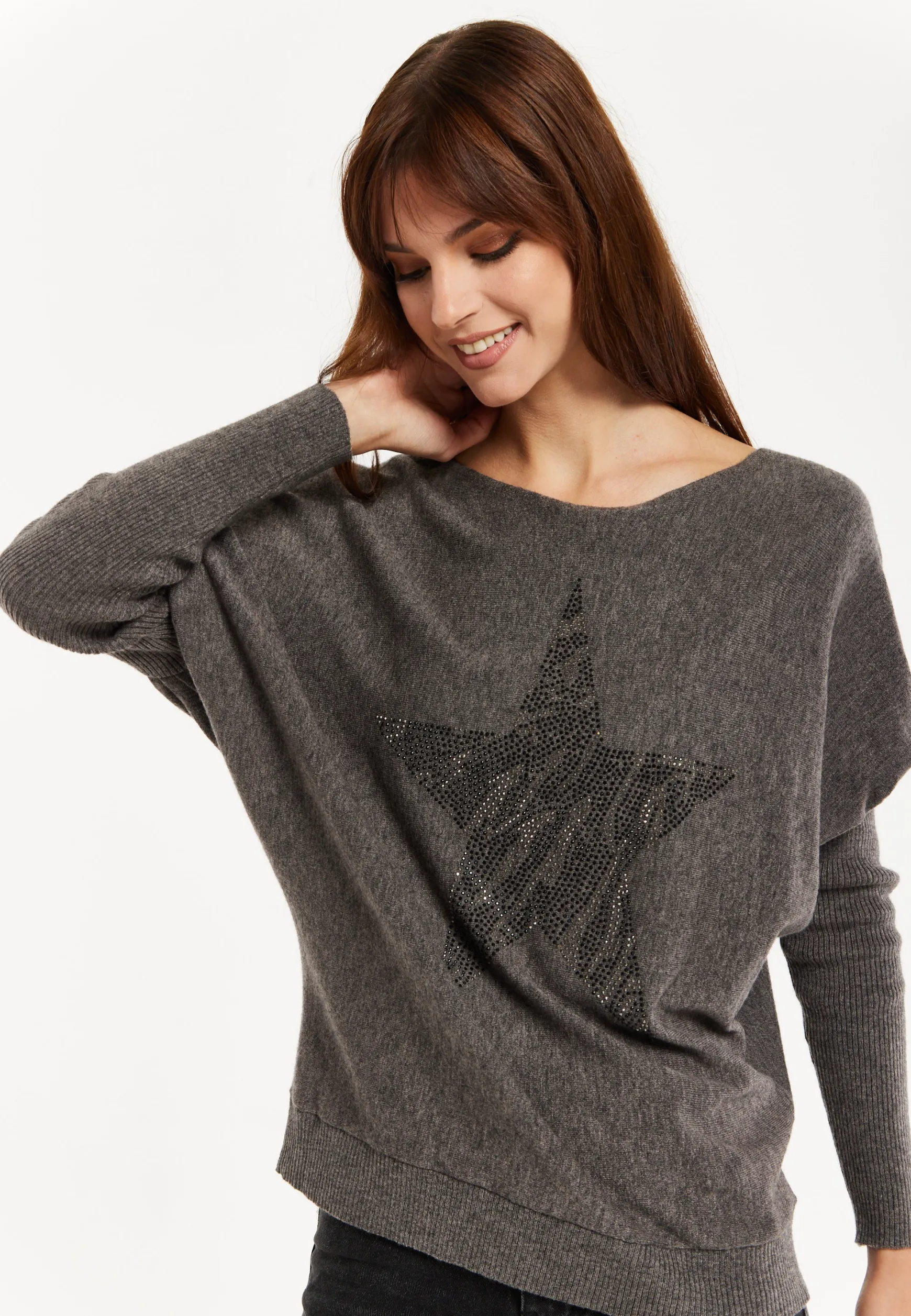 Women's Dark Grey Jumper with Fitted Long Sleeves and Sparkly Zebra Star Detail by Liquorish