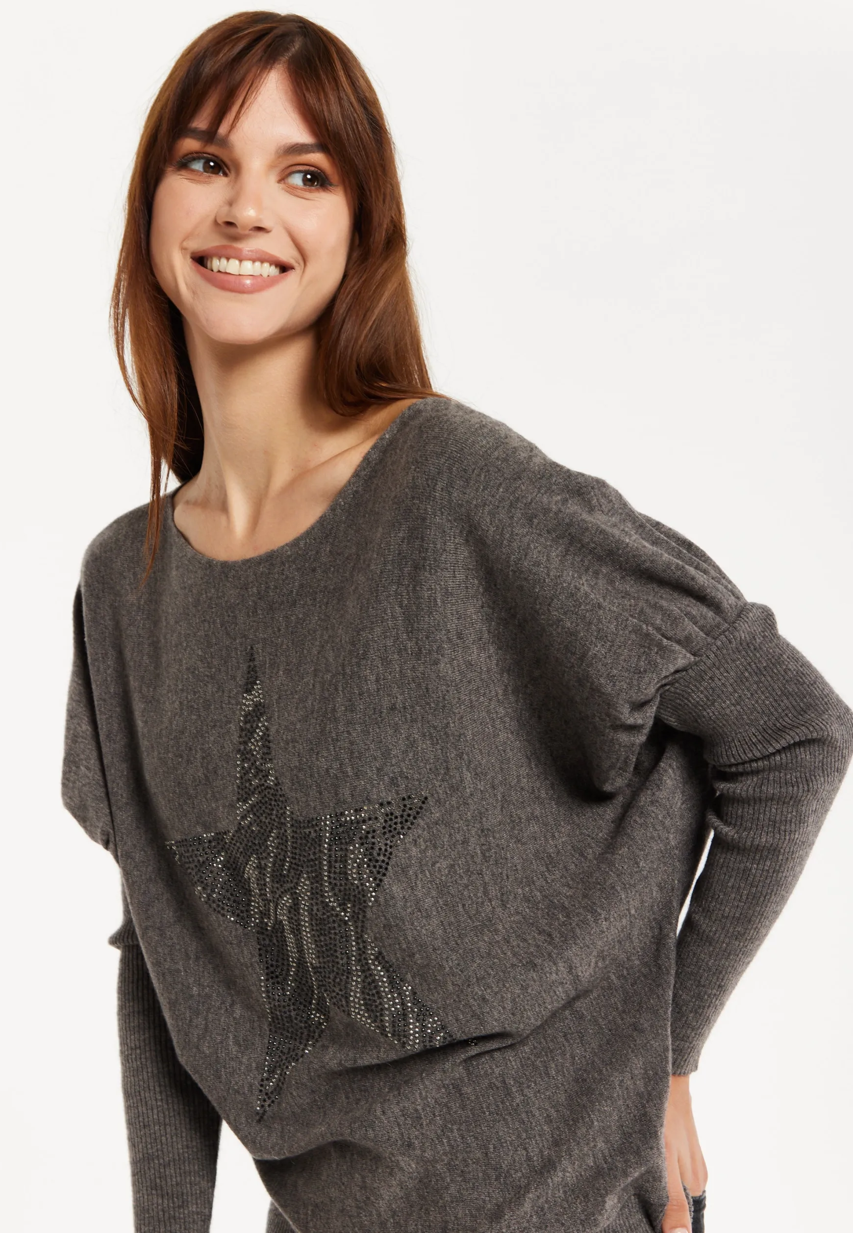 Women's Dark Grey Jumper with Fitted Long Sleeves and Sparkly Zebra Star Detail by Liquorish