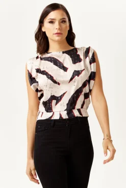 Women's Divine Grace Abstract Print Open Back Top with Tie Waist, Short Sleeves, Stylish Design, Regular Fit