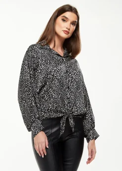 Women's Divine Grace Blouse with Front Tie in Black & White Animal Print, Long Sleeves, Button Front, Collared Design