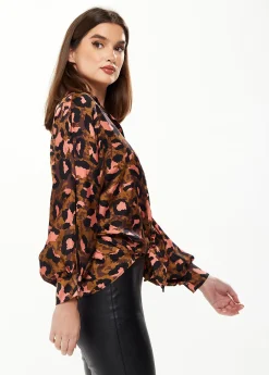 Women's Divine Grace Blouse with Front Tie in Brown & Coral Leopard Print - Long Sleeve, Button Front, Collar, Cuffs