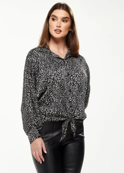 Women's Divine Grace Blouse with Front Tie in Black & White Animal Print, Long Sleeves, Button Front, Collared Design