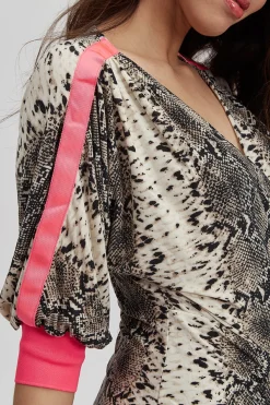 Women's Divine Grace Jersey Dress in Snake Skin Print with Hot Pink Trim, Ruching Front, and Midi Length Design.