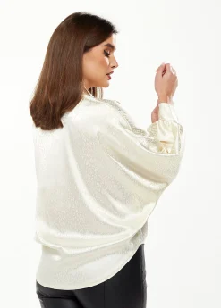 Women's Divine Grace Leopard Jacquard Blouse with Front Waist Tie in Off White, Long Sleeves, Button Front, Collar