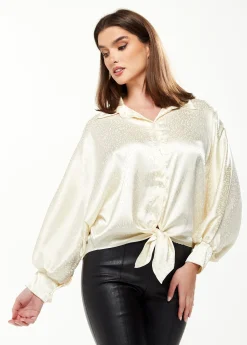 Women's Divine Grace Leopard Jacquard Blouse with Front Waist Tie in Off White, Long Sleeves, Button Front, Collar