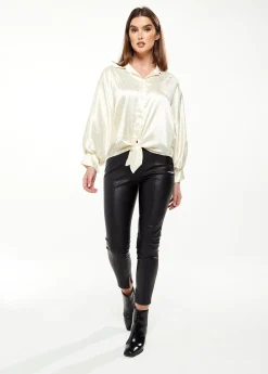 Women's Divine Grace Leopard Jacquard Blouse with Front Waist Tie in Off White, Long Sleeves, Button Front, Collar