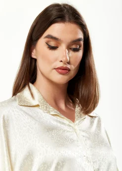 Women's Divine Grace Leopard Jacquard Blouse with Front Waist Tie in Off White, Long Sleeves, Button Front, Collar