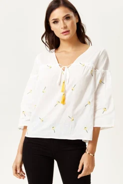 Women's Divine Grace White Embroidered Oversized Top - Deep V Neck, Floral Print, 3/4 Sleeve, Regular Fit